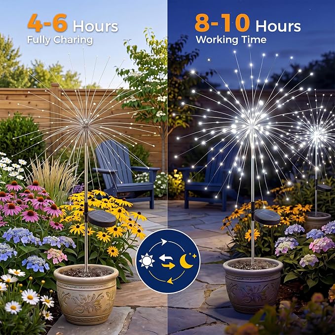 btfarm 4 Pack 120 LED Solar Garden Lights Outdoor, 8 Modes Firework Lights Solar Powered, Waterproof Twinkle Fairy Light Outside for Yard Patio Pathway Pool Christmas Party Decorative, Cool White - Image 7