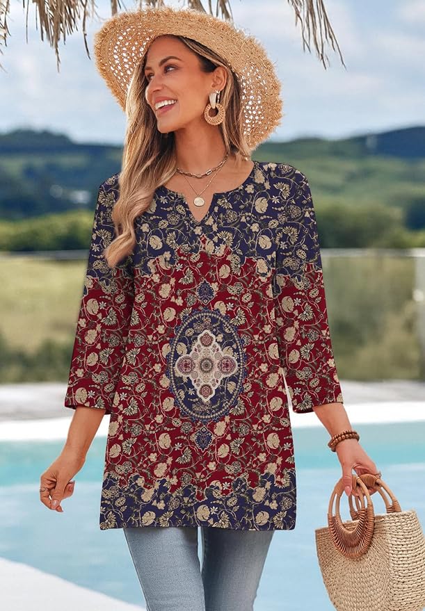 OFEEFAN Summer Boho Tops For Women 3/4 Length Sleeve Womens Tops Vacation Outfits - Image 3