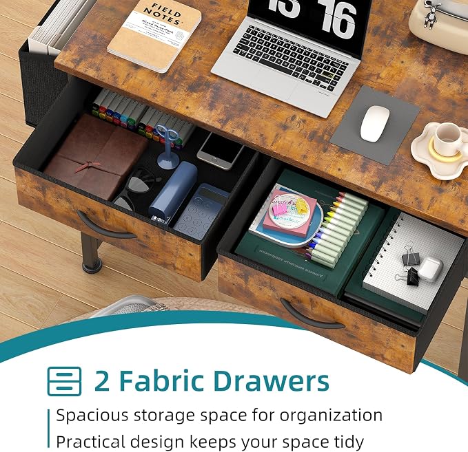 CAIYUN Computer Office Desk for Small Space with Fabric Drawers, Home Office Desk for Bedroom with Side Pocket and Hook, 31 Inch Brown Kid’s Desk, Writing Desk, Study Table and Work Desk - Image 6