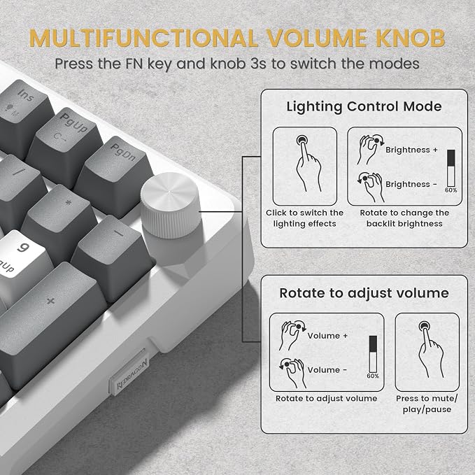 Redragon K742 Wireless Mechanical Gaming Keyboard with Knob, Bluetooth 5.0/2.4GHz/USB C Wired Creamy Keyboard with Number Pad for PC Computer, RGB Backlits, Hot-Swappable with Linear Switches (White) - Image 8