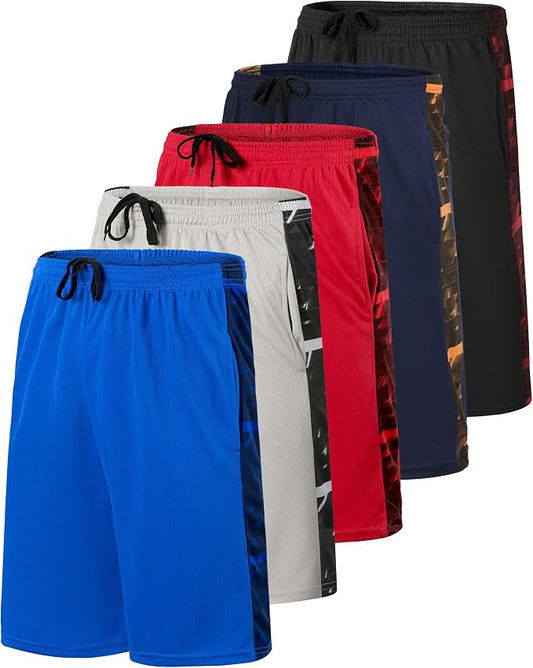 5 Pack Men's Mesh Shorts Athletic Basketball Sports Gym Workout Pockets | Cooling Moisture-Wicking, 9", Long, Quick-Dry, Breathable, Elastic Drawstring Waistband. Running, Exercise, Soccer, Training. by RealEssentials