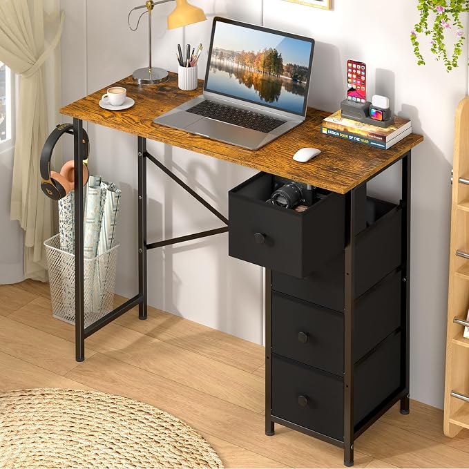 Small Computer Desk with 4 Fabric Drawers, 36 Inch Reversible Writing Desk for Home Office Bedroom, Modern Simple Kids Student Study Desk with Storage, Compact Desk for Small Spaces, Rustic Brown - Image 4