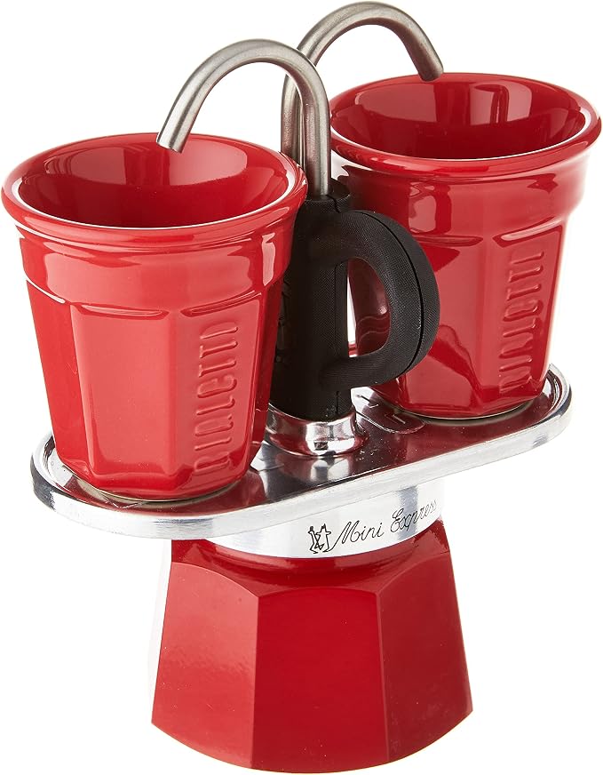 Bialetti - Mini Express Color: Moka Set includes Coffee Maker 2-Cup (2.8 Oz) + 2 shot glasses, Red, Aluminium by Bialetti