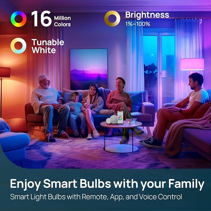 Linkind Smart Light Bulbs with Remote Control, Smart Bulb that Work with Alexa & Google Home, 16 Million Color Changing Light Bulbs 60W, A19 E26 2.4Ghz WiFi Light Dimmable,1800K-6500K,800lm 4 Pack - Image 2