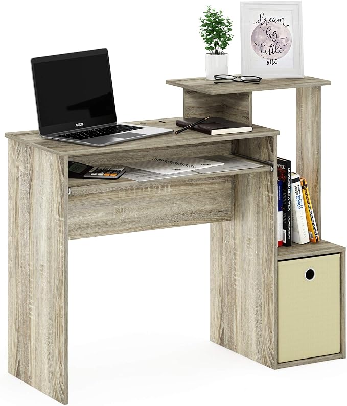 Furinno ECON Desk, 40-in Gaming Desk with Keyboard Tray, Computer Desk, Office Desk with Side Shelves and Storage Bin for Home Office, Study Room, Dorm, Light Oak - Image 3