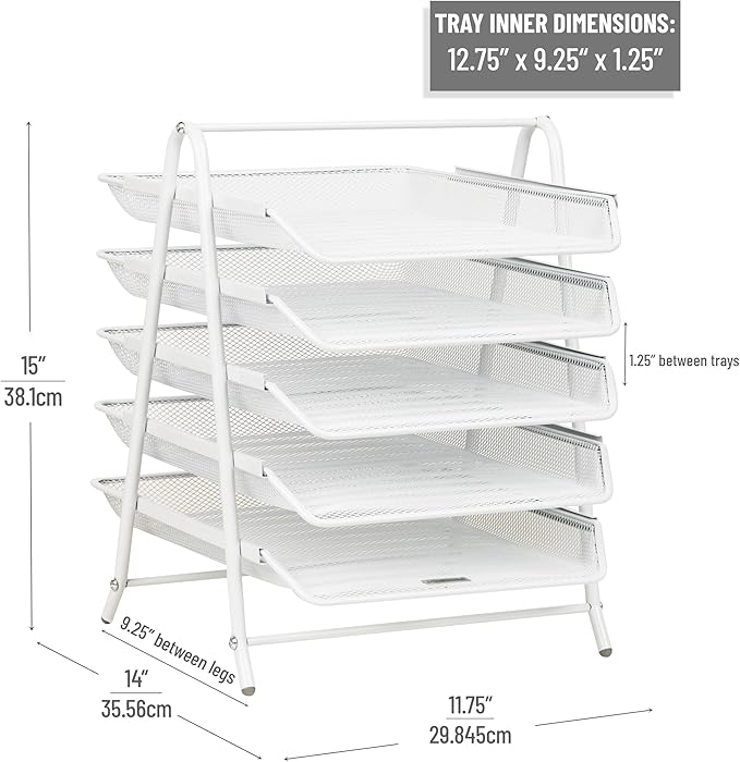 Mind Reader 5-Tier Paper Tray Organizer, White | Vertical Desktop File Storage Rack, Office, Metal Mesh - Image 3