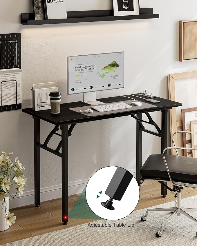 Frylr Small Folding Computer Desk – 43.3 Inch Portable Table for Craft and Study, Lightweight Desk for Small Spaces, Foldable Laptop Table Built-in AC/USB Outlets for Convenience, Dark Oak - Image 8