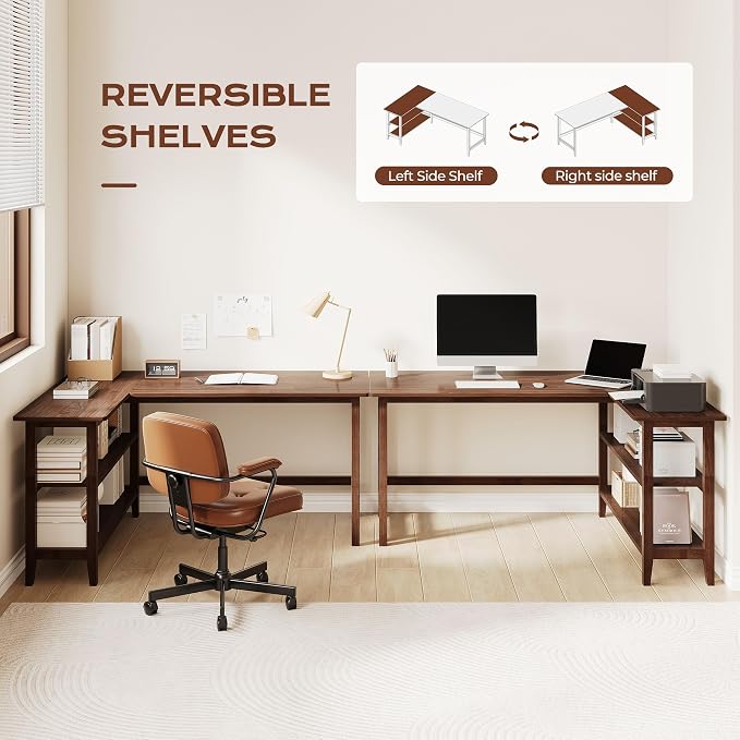 IOTXY Reversible L-Shaped Office Desk - 63" Extra Large Corner Computer Table with Storage Shelves, Solid Wood Legs, Home Writing & Study Workstation, Walnut - Image 4