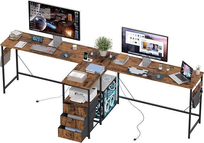YOSHOOT 2 Person Computer Desk, 87" Long Gaming Desk for 2 People | Double Desk with 3 Fabric Drawers and 2 Power Outlets, Home Office Table for Adults and Teenagers, Rustic Brown by YOSHOOT