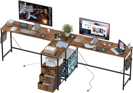 YOSHOOT 2 Person Computer Desk, 87" Long Gaming Desk for 2 People | Double Desk with 3 Fabric Drawers and 2 Power Outlets, Home Office Table for Adults and Teenagers, Rustic Brown by YOSHOOT