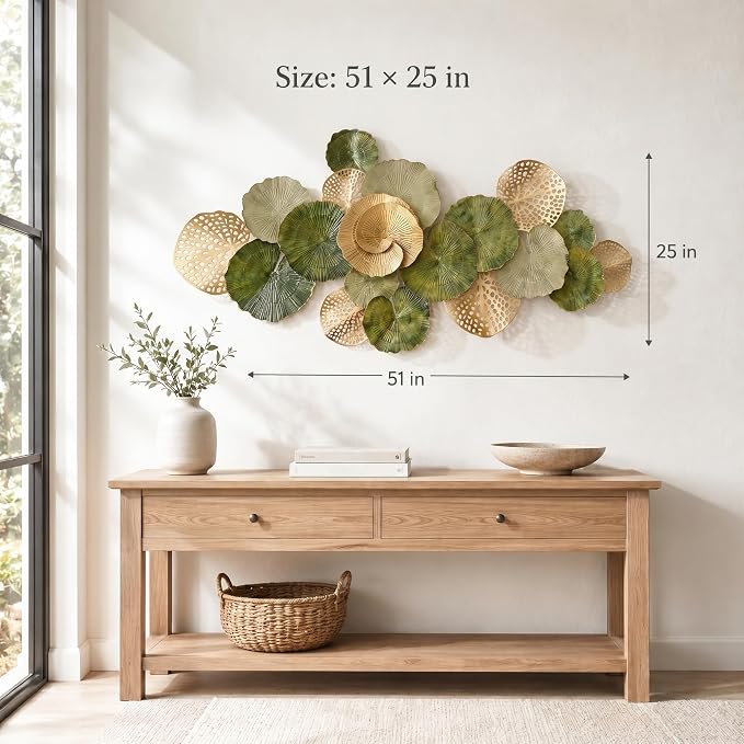 Axioglo 51" Large Wall Decor 3D Lotus Leaf Metal Wall Art for Living Room | 51" x 25" metal wall decor with layered metal texture, mounting hardware, two-way display - Image 3