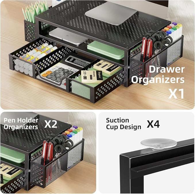 Simple Trending 2-Tier Metal Monitor Stand with Drawer & Pen Holder, Black | 20"W x 10"D x 5.8"H. Metal mesh cooling prevents overheating. 2-tier + drawer + pen holders. Non-slip. Fits laptop & monitor. - Image 4