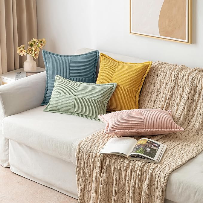 MIULEE Decorative Lumbar Throw Pillow Covers for Couch Bed Livingroom 12x20 Inch Set of 2 Gold Boho Accent Throw Pllows Broadside Striped Patchwork Soft Corduroy Summer Pillowcases - Image 4