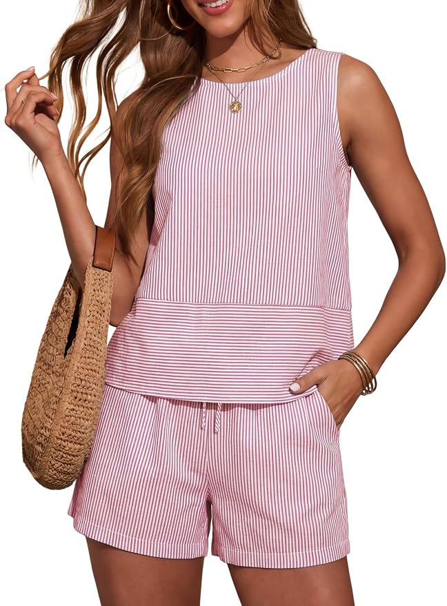 LOMON Women's Trendy 2 Piece Outfits Shorts Sets Summer Crew Neck Sleeveless Tank Top and Bottom Matching with Pockets 2026 by LOMON