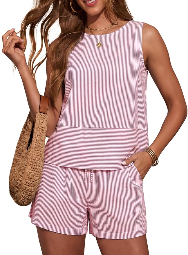 LOMON Women's Trendy 2 Piece Outfits Shorts Sets Summer Crew Neck Sleeveless Tank Top and Bottom Matching with Pockets 2026 by LOMON