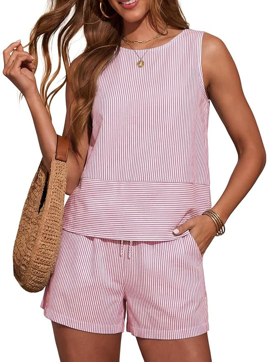 LOMON Women's Trendy 2 Piece Outfits Shorts Sets Summer Crew Neck Sleeveless Tank Top and Bottom Matching with Pockets 2026 by LOMON