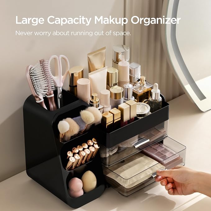 HBlife Cologne Organizer for Men Makeup Organizer with Brush Holder for Vanity, Large Plastic Bathroom Countertop Organizer Skin Care Storage, Fathers Day Gift for Dad Husband, Black - Image 4