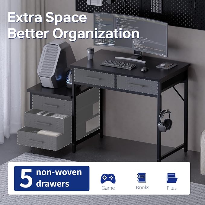 Pamray 47 inch Computer Desk with 5 Drawers and Printer Space for Office | Ample Storage, Space-saving, Easy Assembly, Sturdy, Suitable for Home Office, Study and Writing, Bedroom and Dorms - Image 5