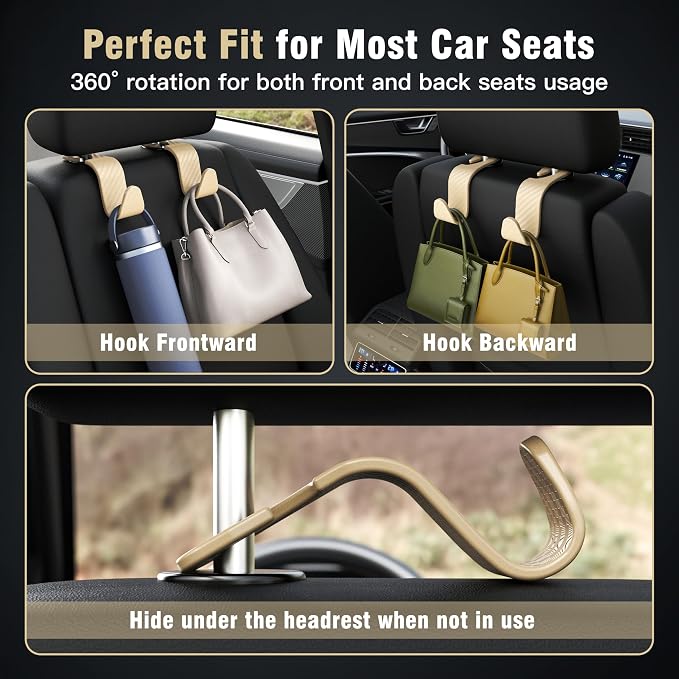 Amooca 4-Pack Car Headrest Hooks Vehicle Storage Organizer for Purses Handbags Groceries Coats – Heavy Duty 360° Rotating Simple Design Checkered Beige - Image 5