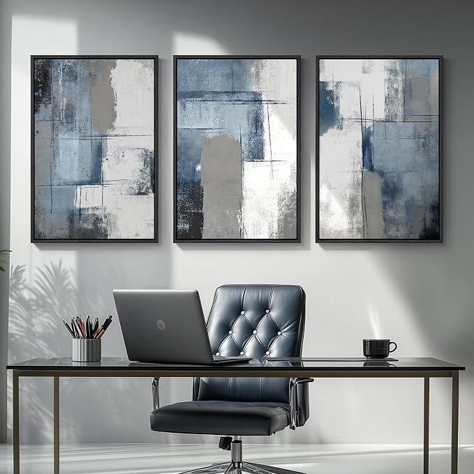 Large Framed Blue and Grey Abstract Wall Art for Living Room, 3 Piece Modern Canvas Prints Paintings Artwork for Walls, Minimalist Abstract Pictures Wall Decor for Hallway Office Bedroom 24x36 In - Image 8