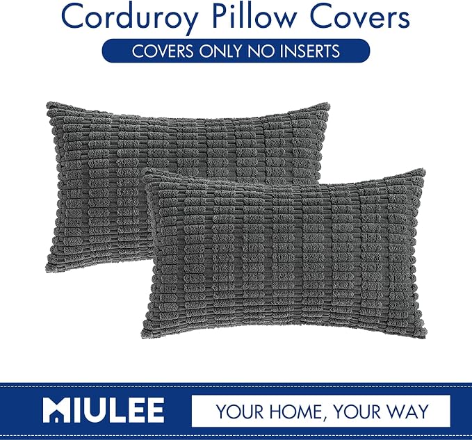 MIULEE Pack of 2 Corduroy Decorative Lumbar Throw Pillow Covers 20x12 Inch Soft Boho Striped Pillow Covers Modern Farmhouse Home Decor for Sofa Living Room Couch Bed Dark Grey - Image 6