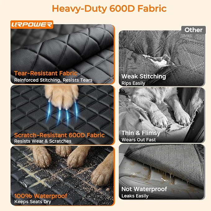 URPOWER Dog Car Seat Cover for Pets 100% Waterproof Seat Cover Hammock 600D Heavy Duty Scratch Proof Nonslip Durable Soft Back Seat Covers for Full Size Trucks - Image 3