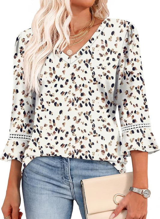 WIHOLL Womens Blouses Dressy Casual 3/4 Length Sleeve Tops Lace Trendy 2026 Spring Summer V Neck Shirts Vacation Outfits by WIHOLL