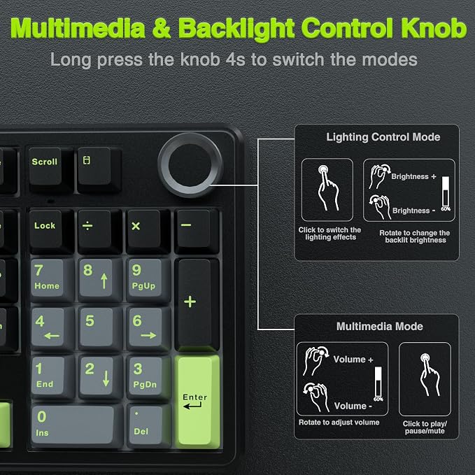AULA F99 Pro Wireless Mechanical Keyboard with Knob,Creamy Sound,Tri-Mode BT5.0/USB-C/2.4GHz Hot Swappable Keyboard,Gasket Structure,RGB Backlit Computer Gaming Keyboards - Image 5