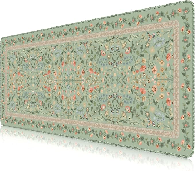 iCasso Aesthetic Floral Desk Mat,31.5x11.8in Mouse Pads,Light Green | Anti-Slip Mousepad with Stitched Edges, Waterproof Computer Pad, Desk Accessories Office Decor for Women by iCasso
