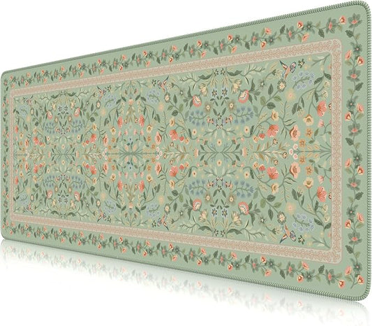 iCasso Aesthetic Floral Desk Mat,31.5x11.8in Mouse Pads,Light Green | Anti-Slip Mousepad with Stitched Edges, Waterproof Computer Pad, Desk Accessories Office Decor for Women by iCasso