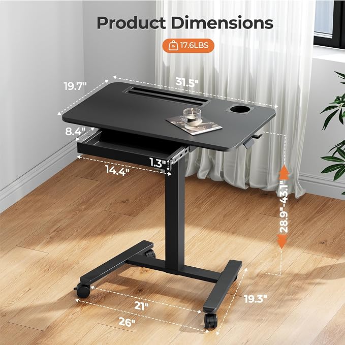 32" Mobile Desk with Drawer, Rolling Standing Desk on Wheels | Height Adjustable Desk with Cup Holder and Hooks, Portable Laptop Cart with Storage for Home Office, Black - Image 9