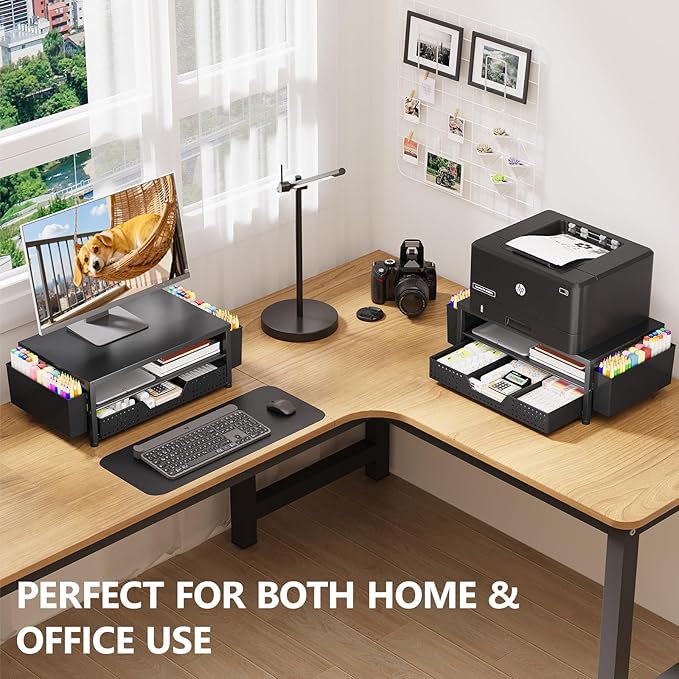 OPNICE Desk Organizers and Accessories, Computer Monitor Stand Riser with Drawer and 2 Pen Holders, Printer & Laptop Stand, Office Desk Accessories & Workspace Organizers for Home Office Supplies, Black - Image 5