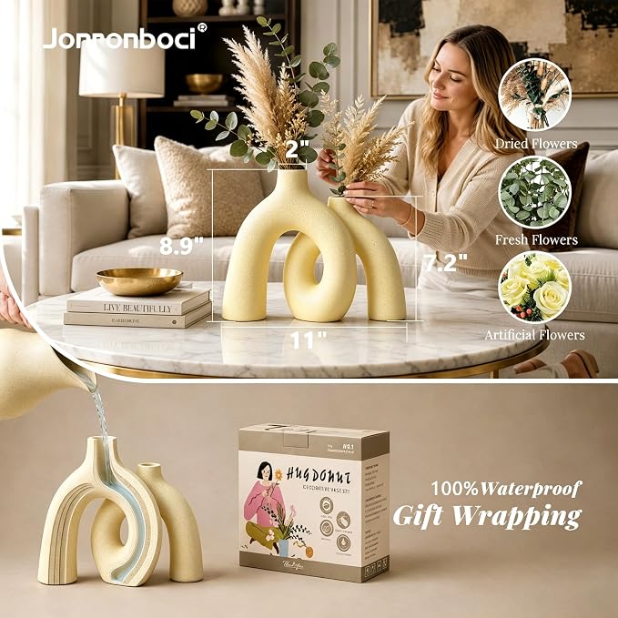 Hug Donut Decorative Vase Set - Beige Vase, Modern Nordic Boho Style Vases Home Decor, Matte Ceramic Decorations for Living Room Shelf, Bookshelf Mantle Entryway Table or Console Décor (Beige) - Image 4