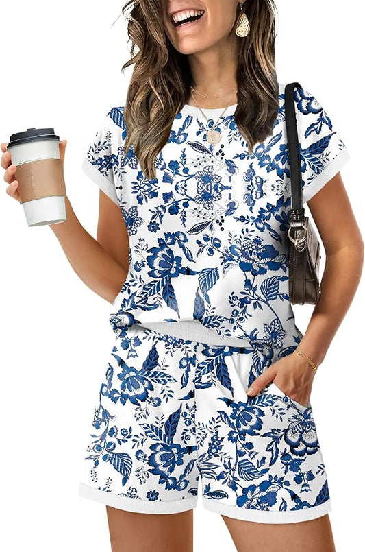 WIHOLL Two Piece Sets for Women Summer Lounge Short Sets Cap Sleeve Crew Neck Sweatsuit with Pocket XS-2XL by WIHOLL