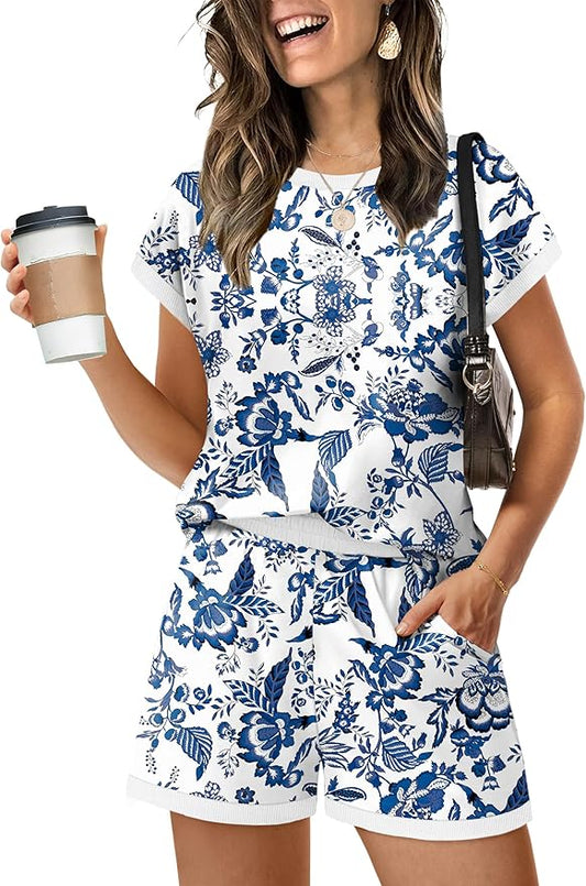 WIHOLL Two Piece Sets for Women Summer Lounge Short Sets Cap Sleeve Crew Neck Sweatsuit with Pocket XS-2XL by WIHOLL