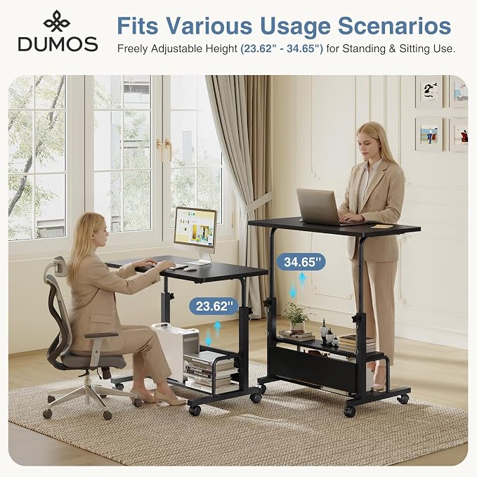 DUMOS Rolling Desk, Storage Shelves, Laptop Table, Home Office | Height Adjustable Design, Computer Desks on Wheels, Portable for Small Spaces Use, Black - Image 6