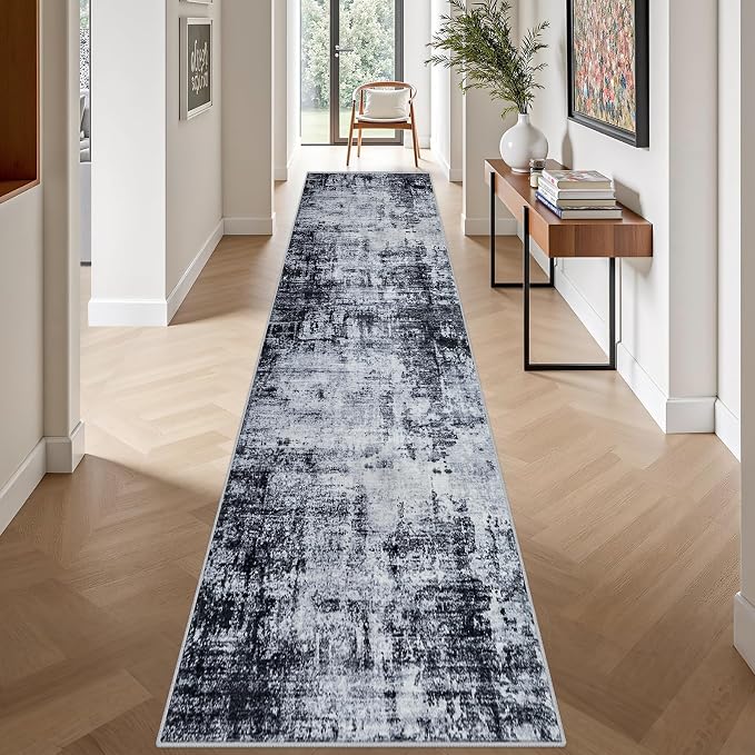 2.6'x14' Runner Rug Washable Rug: Modern Abstract Soft Thin Runner Rug Dark Black - Image 2
