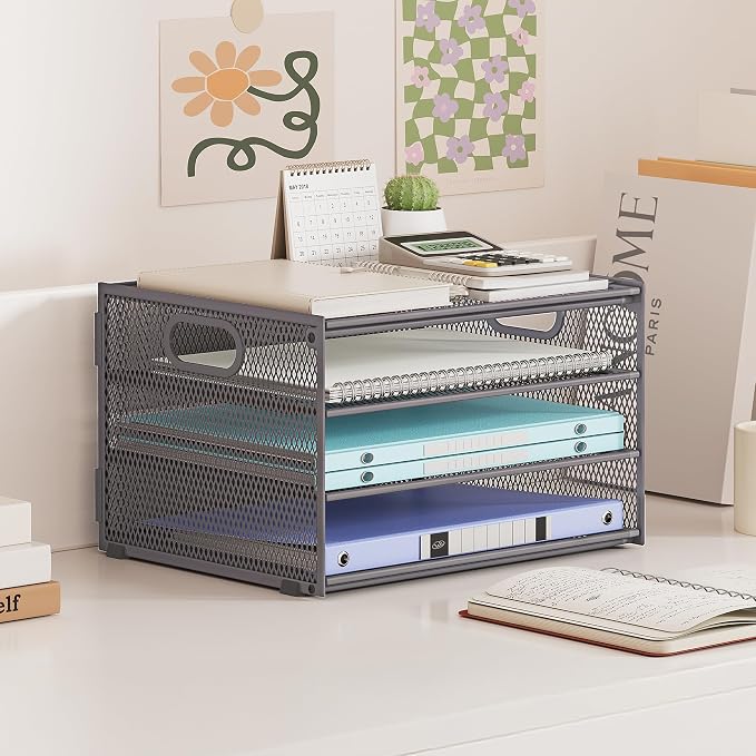 Subekyu Paper Letter Tray Organizer for Desk, Gray Metal Mesh Desk File Sorter Organizer with Handle and 2 Sliding Trays for Home Office School Supplies Organization - Image 6