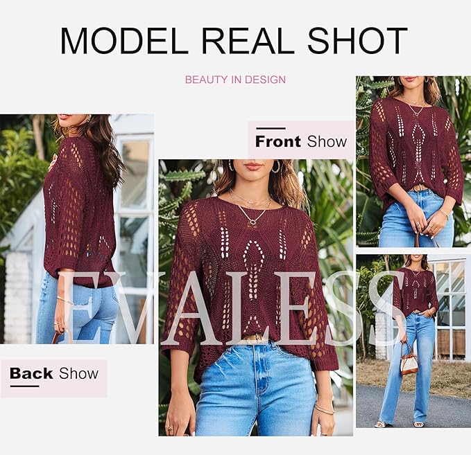 EVALESS Womens Crochet Hollow Out Knit Tops Half Sleeve Spring Summer Sweaters Beach Cover Ups for Women Trendy 2026 - Image 6