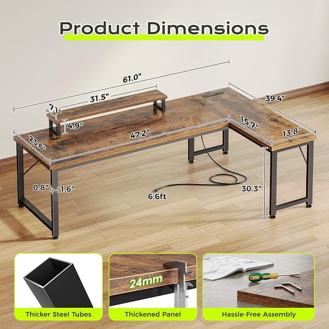 PRAISUN 61" L Shaped Computer Desk, Outlets, Monitor Stand, Rustic Brown | USB-C Ports, Reversible Charging Station, Spacious Desktop & Legroom, 0.94 Inch Thick Desktop, for Gaming, Study & Work - Image 3