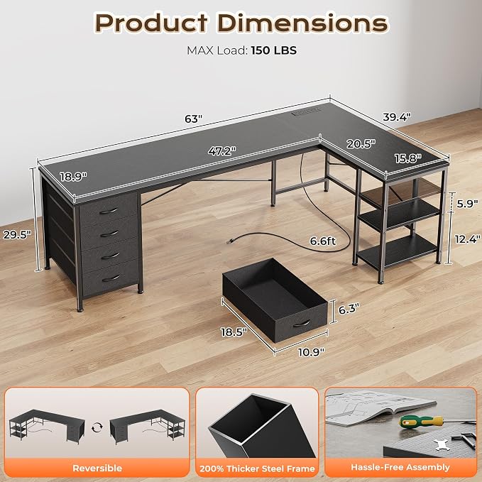 Huuger 63 Inch L Shaped Desk with Fabric Drawers, Reversible Computer Gaming Desk with Power Outlets and USB-C Port, Adjustable Side Storage Shelves, for Work Study Corner Home Office, Black - Image 3