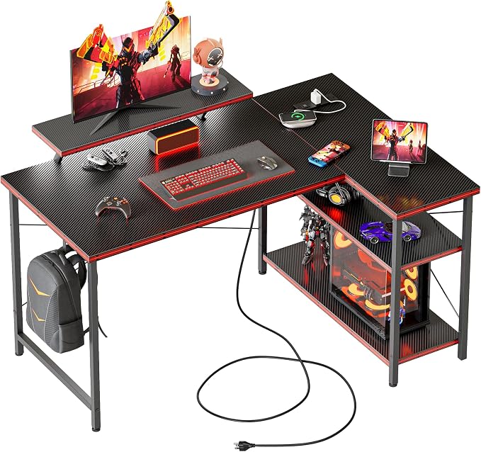 Mericonia 40 in Corner Desk with Monitor Stand, Small L Shaped Gaming Desk | Reversible Computer Desk with Power Outlets, LED Light & Storage Shelves, Office Table for Home Bedroom Study Work Writing by MERICONIA