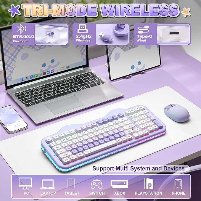 YUNZII C98 Cute Cake Wireless Mechanical Keyboard (Purple, Candy Switch) | 99 Keys with Number Pad, Hot Swap, PBT MOA Keycaps, BT5.0/2.4G/USB-C, Gasket Mount, Custom RGB Backlit for Win/Mac - Image 3