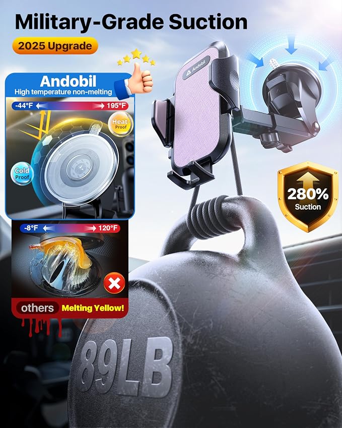 andobil Car Phone Holder, 2026 Military-Grade 89bs Strongest Suction Phone Holders for Your Car Dashboard/Windshield/Vent Easy Clamp Cellphone Holder Truck Stand for iPhone 17 16 15 Pro Max, Purple - Image 3