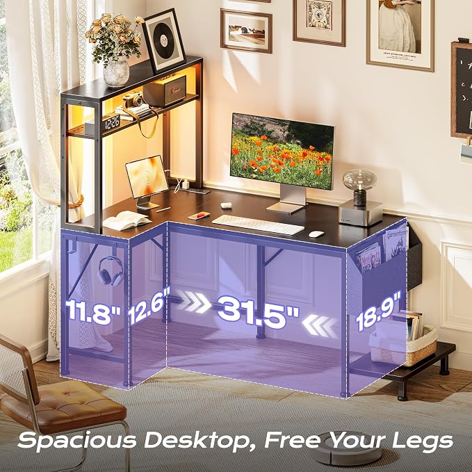PRAISUN L Shaped Gaming Desk with LED Lights & Power Outlets, Reversible Computer Desk with Storage Shelves & Bag, Small Corner Home Office Desk with Pegboard for Work from Home, Black - Image 5