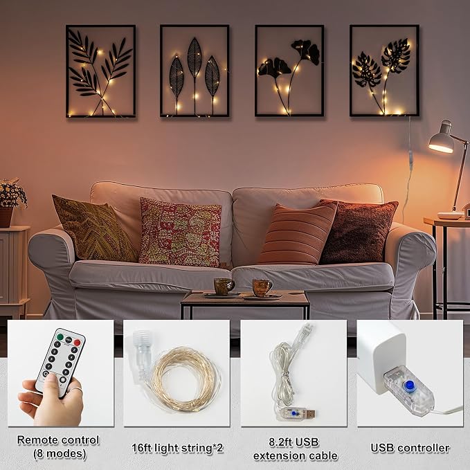 QXSXKJ Black Metal Wall Decor Framed, 3d Modern Metal Wall Art with Light, Minimalist Abstract Black Line Art DéCor, 4 Piece Home Art for Living Room Bedroom Bathroom - Image 4