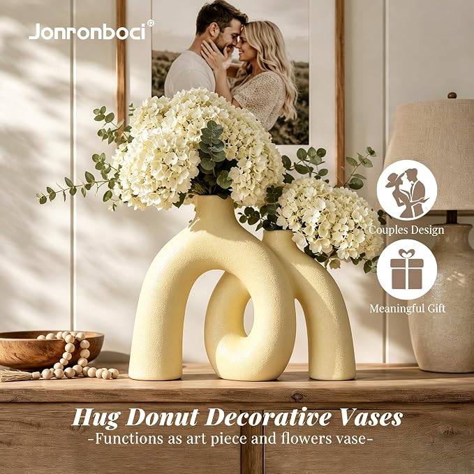 Hug Donut Decorative Vase Set - Beige Vase, Modern Nordic Boho Style Vases Home Decor, Matte Ceramic Decorations for Living Room Shelf, Bookshelf Mantle Entryway Table or Console Décor (Beige) - Image 2
