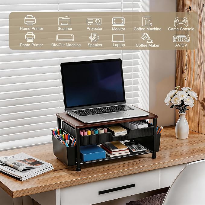 Printer Stand for Desk, Desk Organizer with Storage, Desktop Printer Table for Home Office, Multi-Purpose Shelves for Home Printer, Fax Machine, Scanner, Die-Cut Machine (Brown) - Image 3