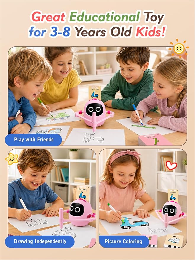 Drawing Robot Toys for Kids, 220 Flash Cards Gift for 3-8 Years Old Boys Girls, Montessori Doodle Art Painting with Voice Interactive for Beginners, Birthday (Pink) - Image 5