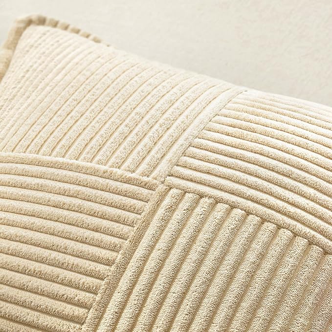 MIULEE Cream Corduroy Decorative Euro Sham Pillow Covers 24x24 Inch with Splicing Set of 2 Soft Boho Pillow Covers Broadside Textured Pillowcases for Couch Bed Livingroom - Image 5